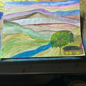 Tranquil Mountain Landscape Painting with Multicolor Hues